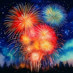 Fototapeta premium Watercolor fireworks lighting up a dark night sky for New Year's Eve