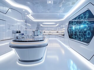 Obraz premium Modern laboratory with sleek design and advanced technology displays.