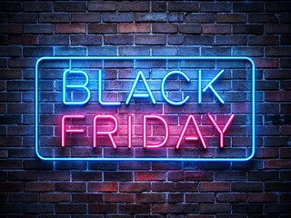 Obraz premium Black Friday Neon Sign Panoramic Brick Wall - Cyber Monday Sale, Discount, Retail, Advertising, Background