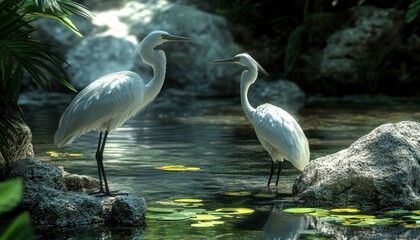 Naklejka premium Discover the serene beauty of a riverbank with tropical birds, nestled within an exotic tropical forest Experience untouched and vibrant wildlife, where nature's symphony unfolds in a symphony of