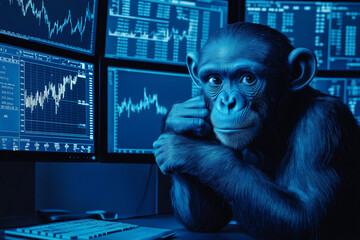 Analyst contemplating data trends while studying multiple computer screens. Generative AI