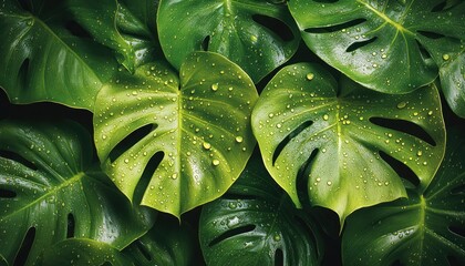 Fototapeta premium Discover the serene beauty of an exotic tropical forest, where water droplets glistening on lush leaves create an untouched, captivating scene Explore the intricate detail of nature's artistry