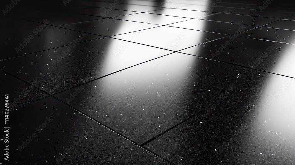 Poster glossy black floor tiles with reflections and sparkling texture