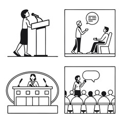 Public speaking people flat icons collection with conference meetings