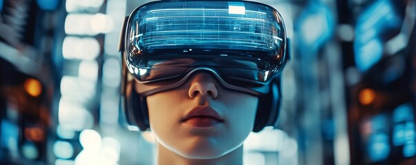 Woman wearing futuristic vr headset explores virtual reality in server room