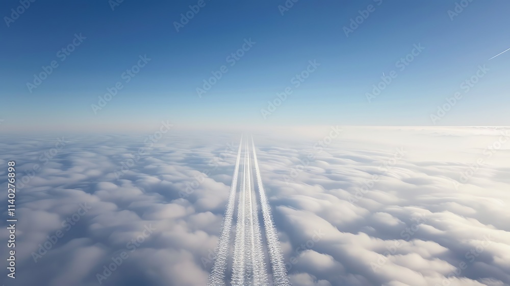 Poster an aerial view of clouds and two airplane contrails from high above.