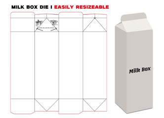 Carton Milk Box Diecut Paper carton milk box, juice or other drink boxes Dieline template and 3D vector file