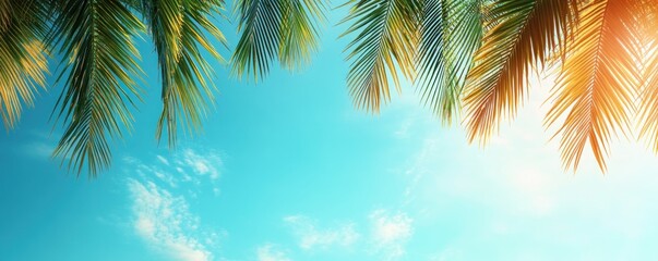 Escape to paradise with this relaxing outdoor view featuring natural green palm leaves swaying gently under a warm, subtle tropical lighting The serene scene evokes feelings of calm and tranquility