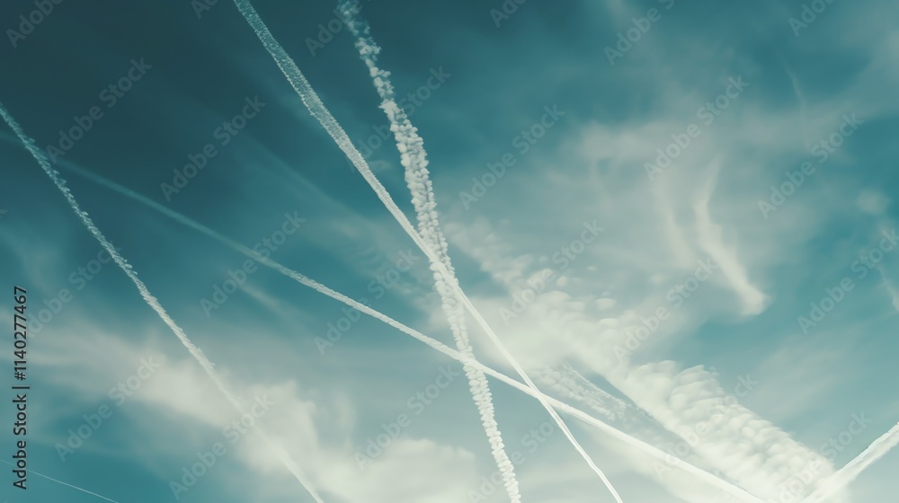 Poster contrails from planes in a blue sky.