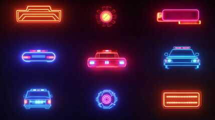 Neon Police Car and Futuristic UI Elements A Collection of Glowing Icons