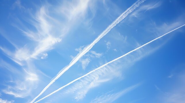 White contrails from airplanes across a bright blue sky with wispy clouds.