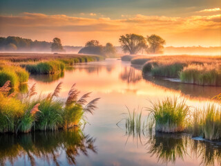 serene marshland at sunrise, featuring calm waters reflecting golden hues, lush grasses, and distant trees, creating tranquil and picturesque landscape