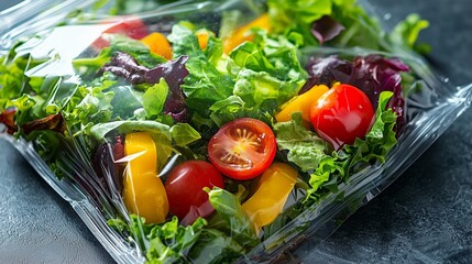 Packaged salad with fresh vegetables symbolizes quick and healthy convenient meals.