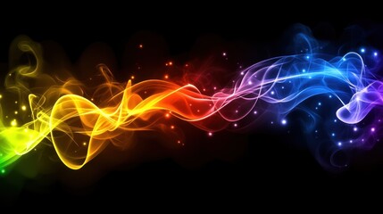 Abstract swirling rainbow smoke with bright sparkles on black background.