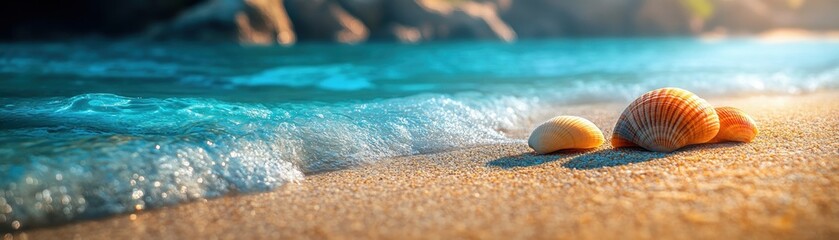 Obraz premium Experience the Serene Vibe of a Vibrant Beach with Turquoise Water, where Colorful Shells dot the Seashore, promoting Tropical Vacation Mood and Seashore Relaxation Ideal for summer holidays, travel