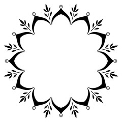 Floral bohemian ornamental frame with leaves. Black mandala vector illustration. Sophisticated ornate pattern. Ethnic delicate frame without text. Calm decor for clothes, home, office, stationery