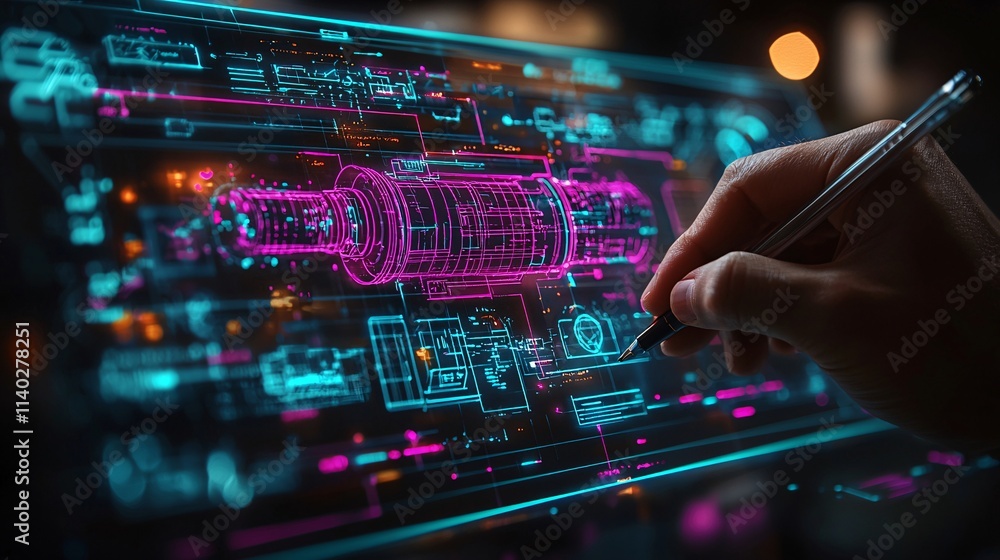 Poster close-up of a professional hand drawing innovation and career success concepts on a holographic disp