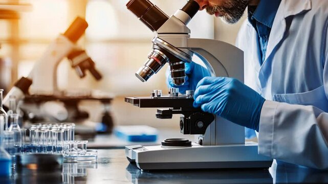 A man in a lab coat is using a microscope