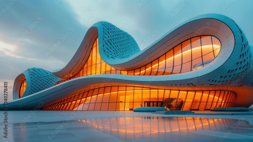 Poster a modern, fluid architectural structure with vibrant lighting and dynamic shapes.