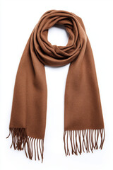 Mocha brown scarf draped elegantly with soft texture and fringe
