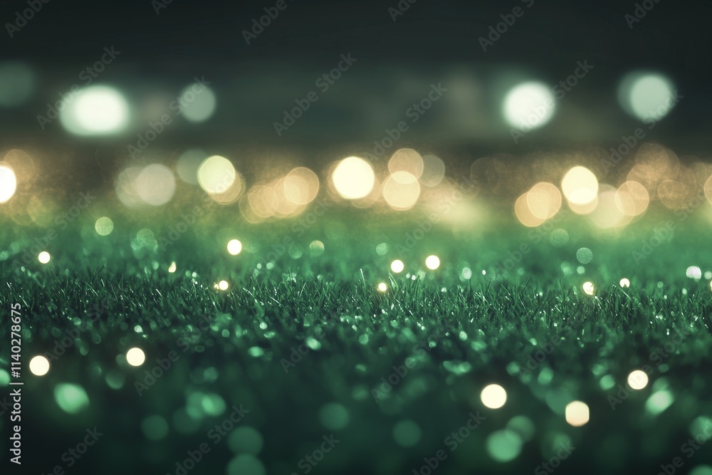Poster sparkling green glitter bokeh background with blurred lights.