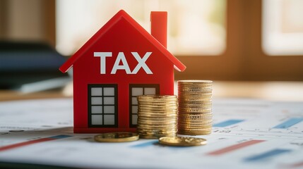 House model with 'tax' and coins symbolize tax planning for homeowners.