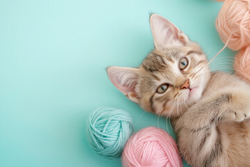 Playful cat delights in colorful yarn in a calm indoor setting. Generative AI