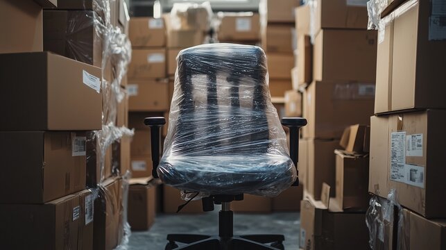 Office chair wrapped for moving surrounded by packed boxes, symbolizing business relocation.
