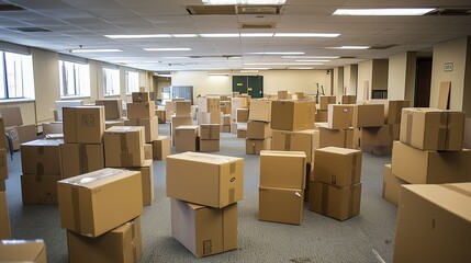 Office space filled with moving boxes, symbolizing corporate relocation and business transitions.