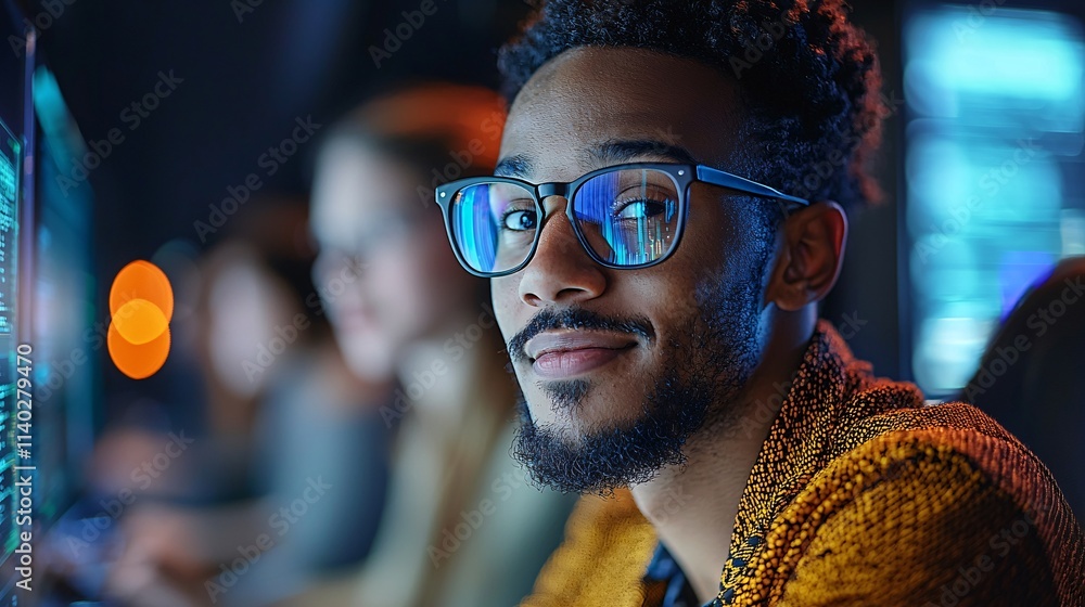 Aufkleber Group of tech innovators discussing career opportunities and automation strategies in a high-tech lab Stock Photo with side copy space