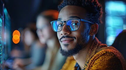 Group of tech innovators discussing career opportunities and automation strategies in a high-tech lab Stock Photo with side copy space