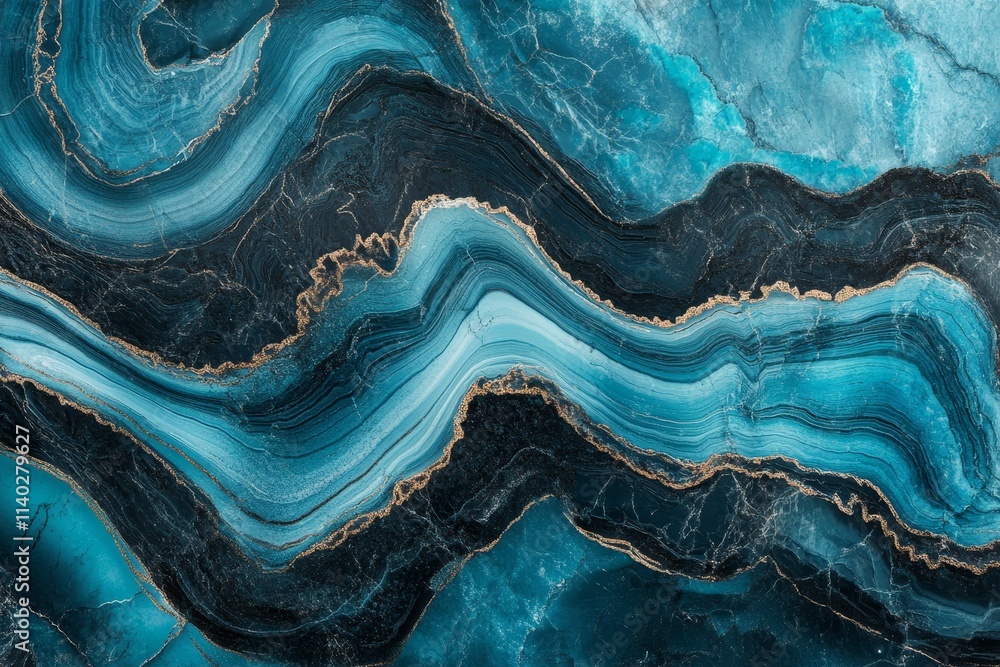 Aufkleber abstract blue and gold marble texture with wavy patterns and glittering lines.