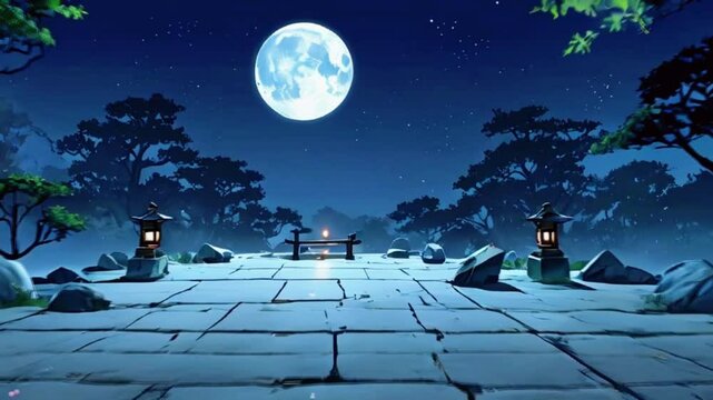 A minimalist Zen rock garden under the full moon's soft glow, illuminated stone lanterns. sky is filled stars, soft winds rustle leaves, 4k High-Quality Wallpaper Background Animation Video