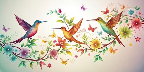 Fototapeta premium Silhouette abstract art of hummingbirds with floral