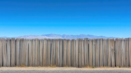 Fototapeta premium Rustic Wooden Fence Against Clear Sky and Mountain Landscape