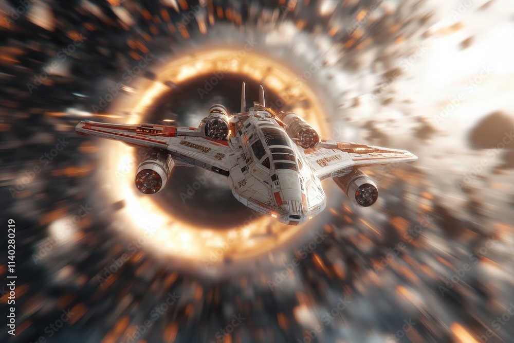 Poster futuristic spacecraft approaching a black hole in deep space with explosive effects and stellar back