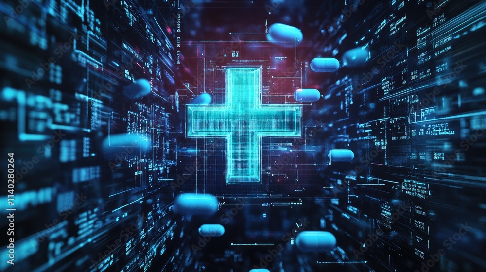 Poster digital medical cross with floating pills and abstract technology background