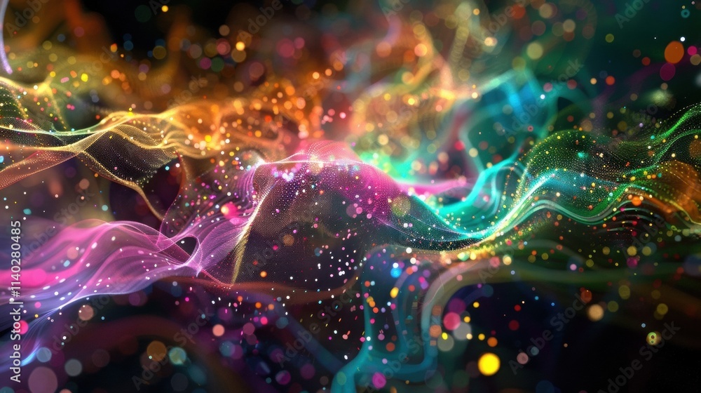Poster abstract colorful particles flowing and creating waves of big data, perfect for technology, science,