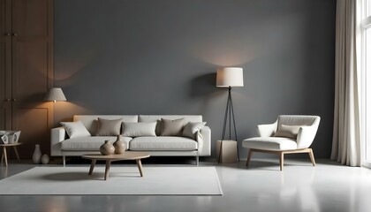 A modern living room with a gray sofa, armchair, and coffee table on a concrete floor. The room has a minimalist style with neutral colors and clean lines