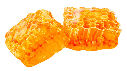 Isolated Honeycomb with flowing honey syrup. Honeycombs on white background.  Flat lay. Top view.  Package design elements.