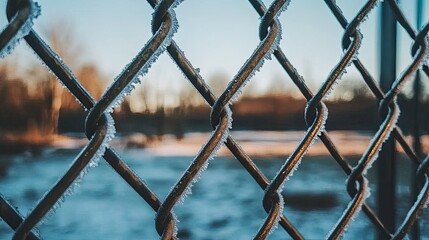 Frosty Chain Link Fence in Winter Landscape with Soft Focus Background