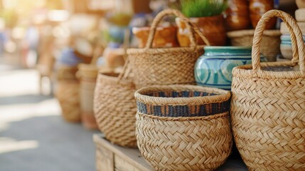 Charming Outdoor Market Stall with Handcrafted Baskets