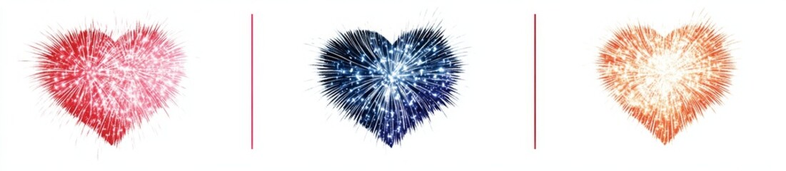 Obraz premium Set of Heart-Shaped Fireworks Clip Art on White Background. Vibrant and Festive Design.