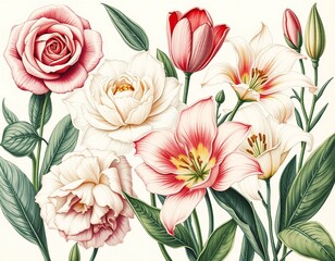 Vintage floral bouquet with roses, lilies, and tulips, botanical detailed drawing illustration