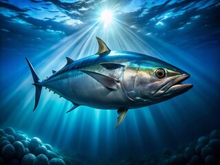 Fototapeta premium Bluefin Tuna: Oceanic Powerhouse - Underwater Photography, Deep Sea, Giant Fish, Pacific Ocean, Atlantic Ocean, Marine Life, Seafood, Wild Tuna, Fish Anatomy, Ocean Wildlife, Underwater Scene.