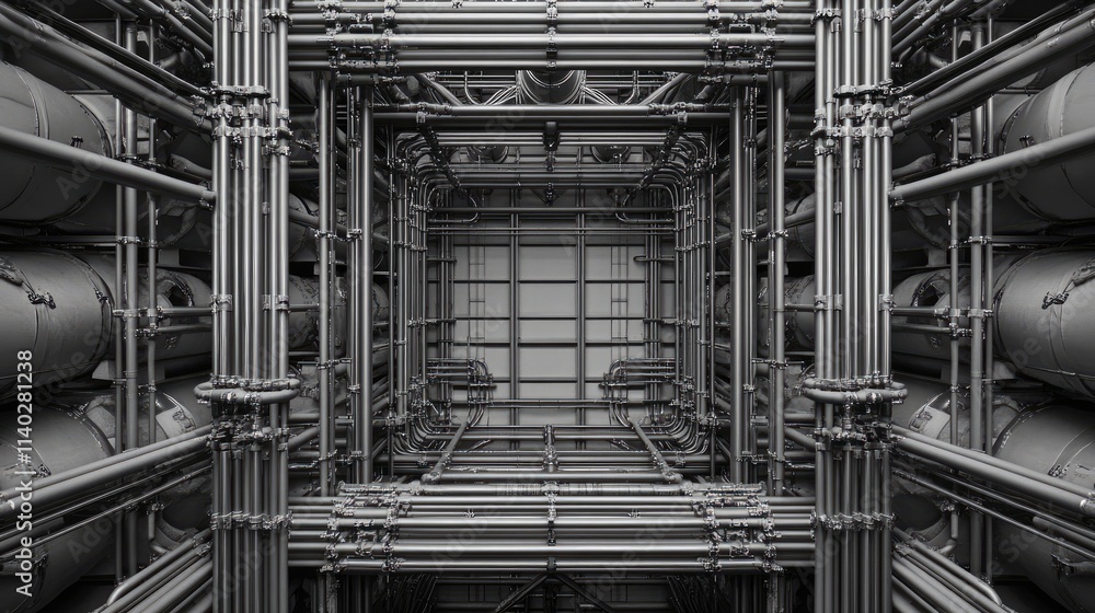 Poster complex metal framework with pipes and structures in industrial setting