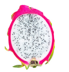 Pitaya isolated. Dragon fruit on white background. Tropical fruit Papaya close up. Package design element. Top view. Flat lay.