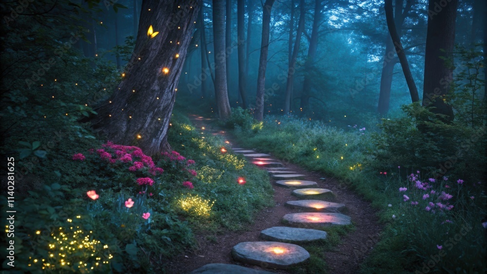 Poster fireflies and butterflies are flying around a glowing path made of stones in a magical enchanted for