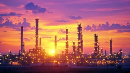 Fototapeta premium Oil refinery plant at night with bright lights and complex piping systems Stock Photo with side copy space