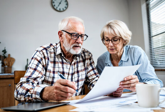 Elderly couple reviewing financial documents together at home while discussing plans. Laptop and coffee signify a modern, comfortable, and collaborative environment - Powered by Adobe